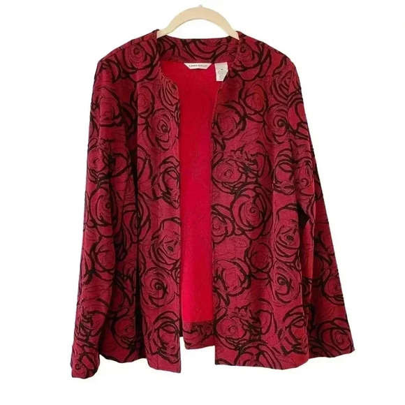 Laura Ashley Tops - Laura Ashley Red Black Rose Floral Open Front Top Medium Slinky Knit Stretch